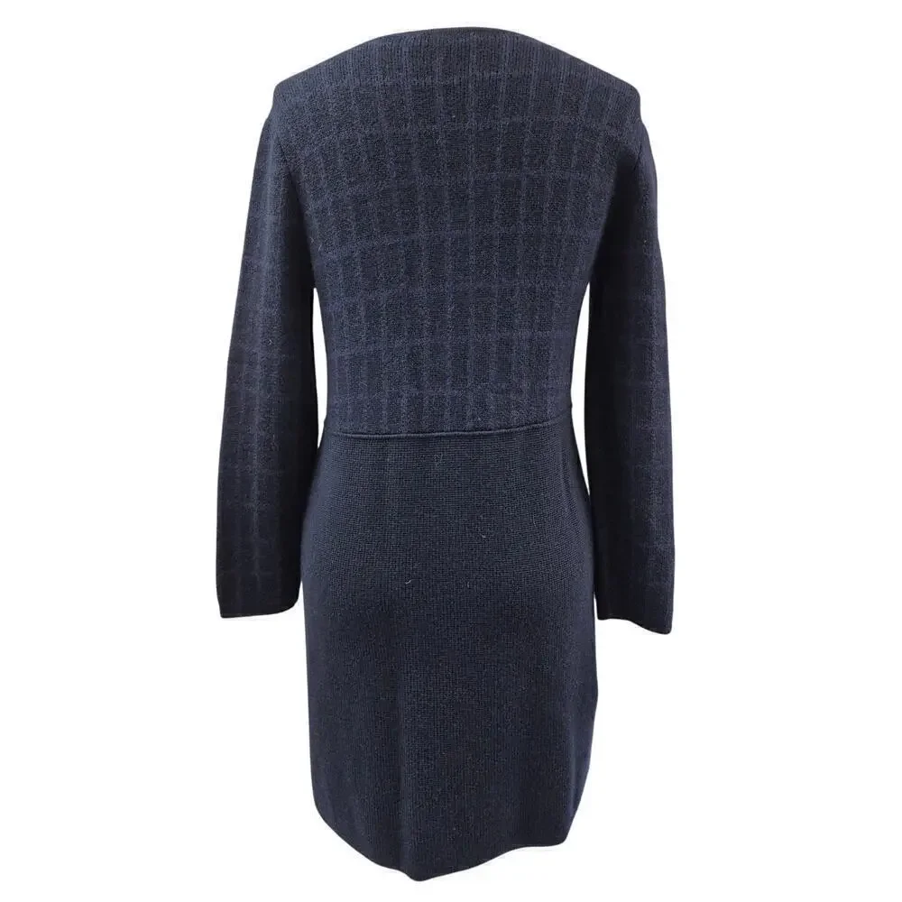 Tory Burch $598 Navy Wool Alpaca Windowpane Knit Long Sweatercoat Cardigan Sz L